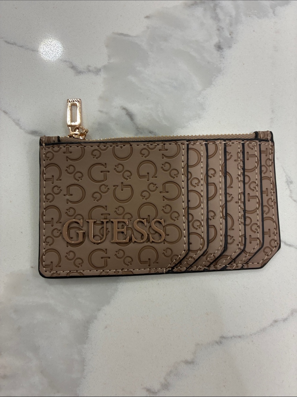 GUESS Taupe Logo Card Holder with Gold Hardware